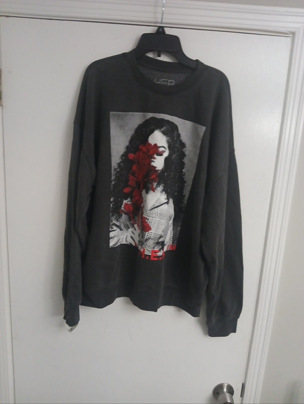 Charcoal Graphic H.E.R Sweatshirt with Red Floral Print And Scarf